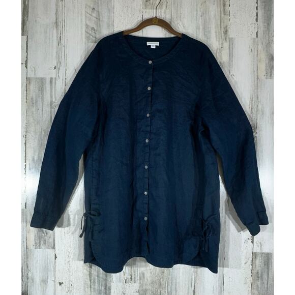 J Jill Love Linen Tunic Size Large Tall Black Button Up Long Sleeve Side Slits - Picture 1 of 10